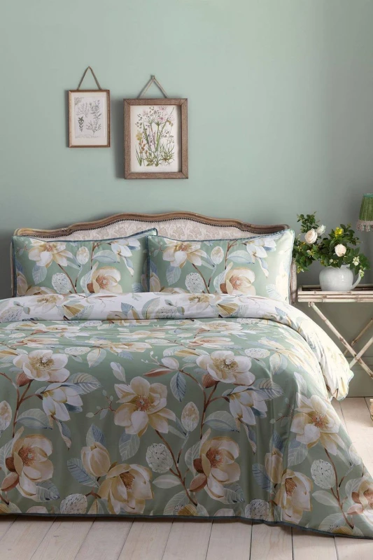 Image of Appletree Eleanor 100% Cotton Duvet Cover Set - Green Green King