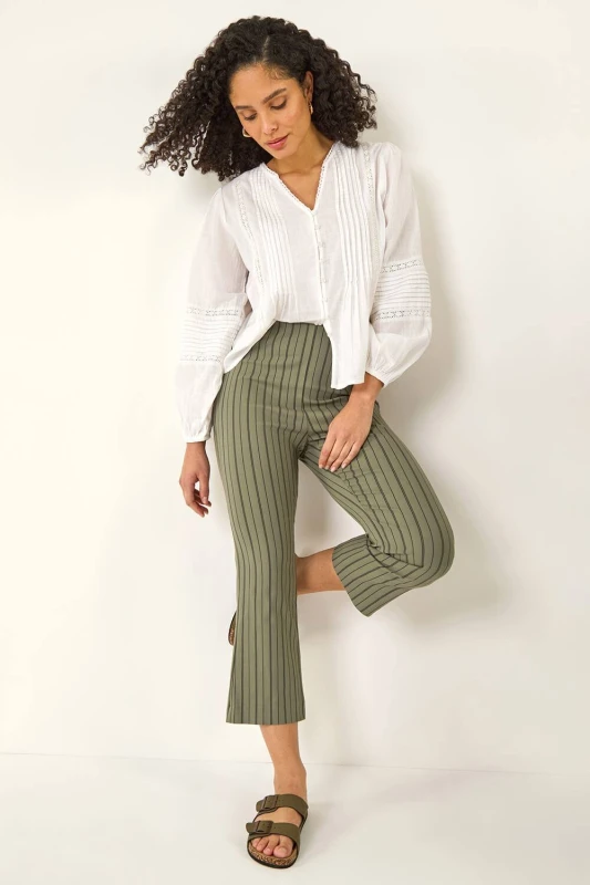 Image of Roman Womens Stripe Print Crop Bootleg Trouser in Khaki Size: 14 Khaki Female 14