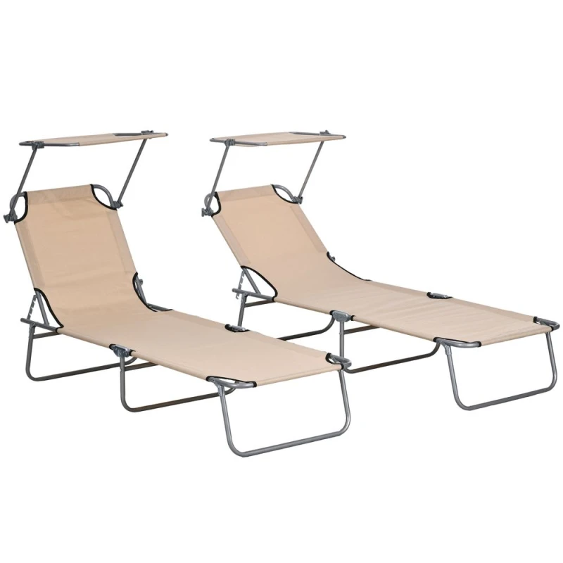 Image of Outsunny Outsunny - Folding Sun Lounger Set of 2 w/ Sunshade Adjustable Backrest Brown 5056725510091