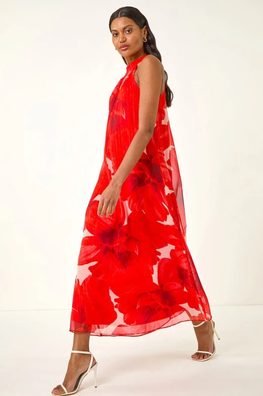 Image of Roman Womens Floral Halterneck Midi Dress in Red Size: 12 Red Female 12