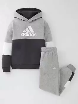 Image of adidas Junior Boys Colourblock Overhead Hood And Jogger Set, Light Grey, Size 7-8 Years