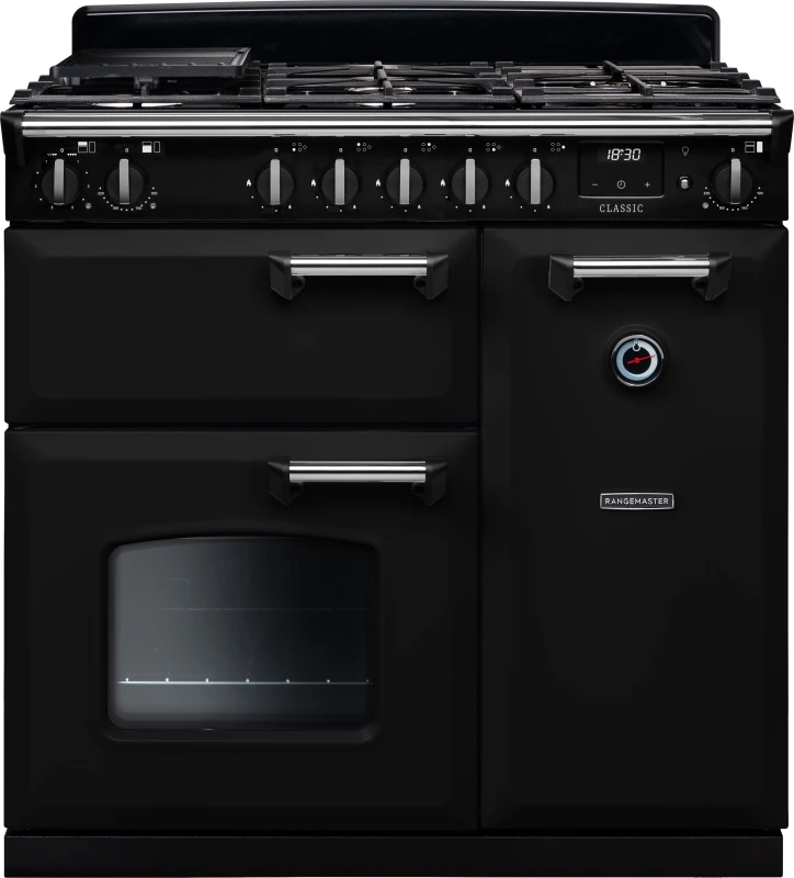 Image of Rangemaster Classic CL90DFPGBL/CM1 90cm wide Dual Fuel Range Cooker with Gas Hob - Black / Chrome - A/A Rated