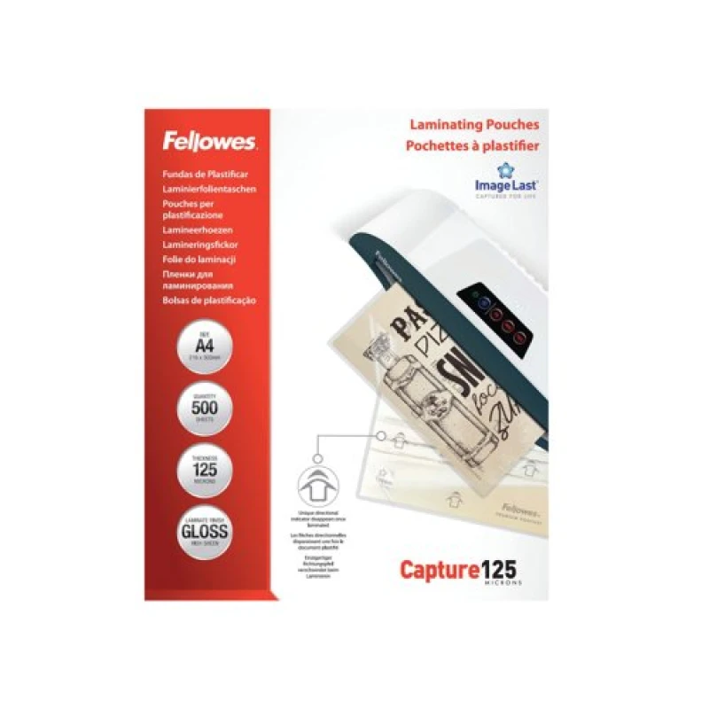 Image of Fellowes Fellowes Laminating Pouches 250 Micron Total Thickness Gloss A4 (Pack of 500) 1100144249 100144249