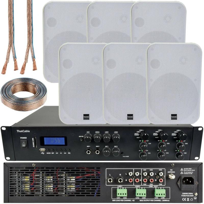 Image of Loops 1200W Bluetooth Sound System 6x 200W White Wall Speaker 6 Zone Matrix Amplifier White unisex