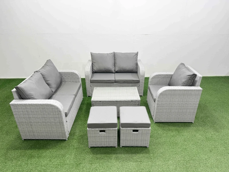 Image of Fimous High Back Poly Rattan Garden Furniture Set with Reclining Chair Loveseat Sofa Rectangular Coffee Table Indoor Outdoor Patio Set 2 Stool Light