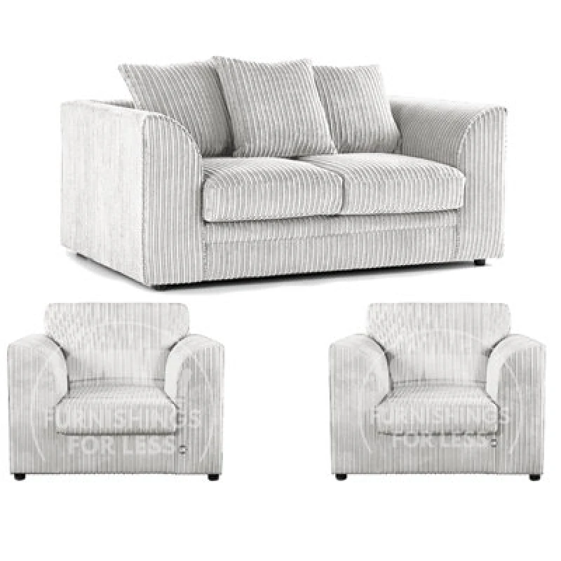 Image of Furnishings For Less UK Luxor Jumbo Cord 2 + 1 + 1 Fabric 3 Piece Sofa Suite - Scatter Back Silver
