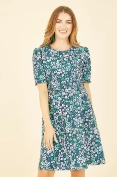 Image of Green Daisy Print Skater Dress