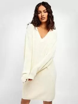 Image of Boohoo V Neck Jumper Dress - Ecru, Cream, Size S, Women