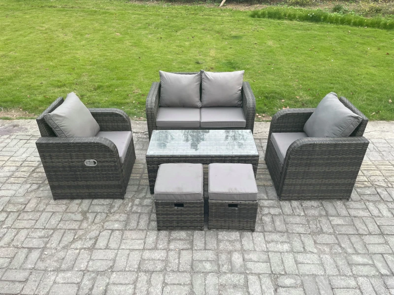 Image of Fimous Outdoor Garden Furniture Sets 6 Seater Wicker Rattan Furniture Sofa Sets with Rectangular Coffee Table Reclining Chair Dark Grey
