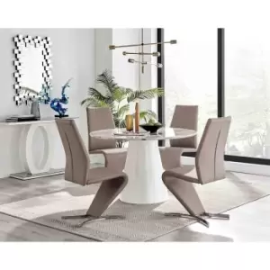 Image of Furniture Box Palma White Marble Effect Round Dining Table and 4 Cappuccino Willow Chairs