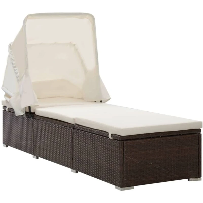 Image of VIDAXL Sun Lounger with Canopy and Cushion Poly Rattan Brown Vidaxl 8720286663653