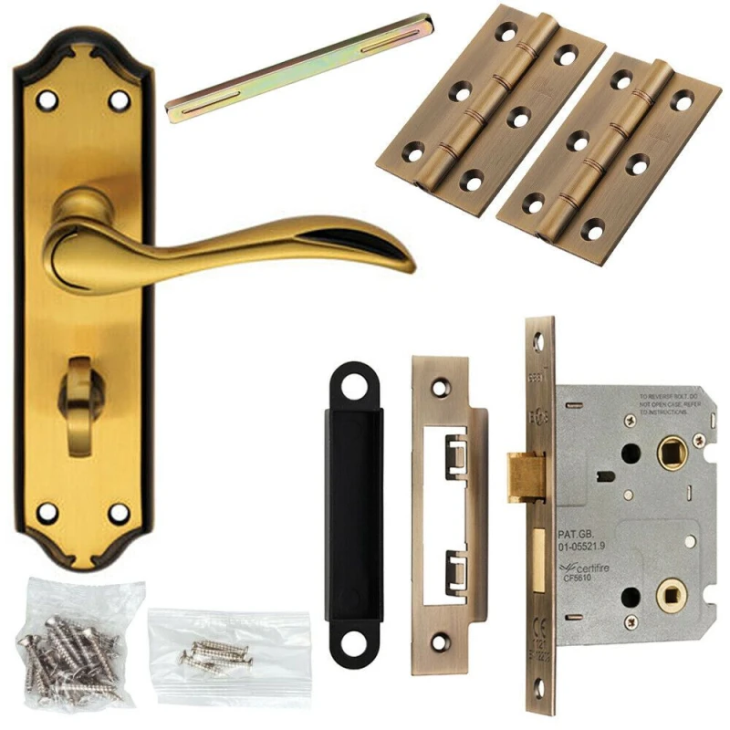 Image of Loops Door Handle & Bathroom Lock Pack Bronze Curved Lever Thumb Turn Backplate Multi