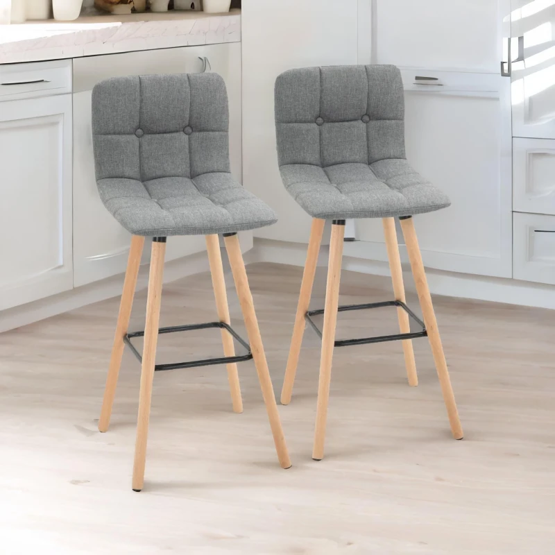 Image of Rafaelo Mobilia Set Of 2 Wooden Bar Stools With Backs & Footrest For Kitchen Bar in Grey Grey Unisex