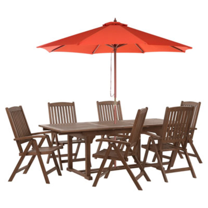 Image of Beliani Garden Dining Set 6 Seater Amantea With Parasol Acacia Wood Red