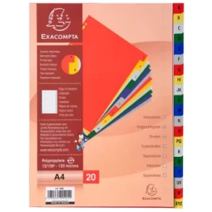 Image of Exacompta Indices PP A4+, 20 Part, A-Z, Coloured Tab, White, Pack of 20