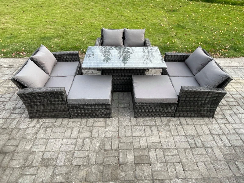 Image of Fimous 8 Seater Wicker Rattan Garden Furniture Rising Table Set with 2 Big Footstool Double Seat Sofa Dark Grey Mixed Dark Grey Unisex
