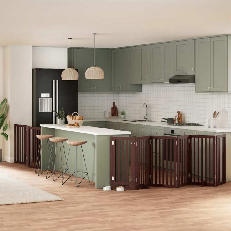 Image of vidaXL Dog Gate with Door Foldable 9 Panels Brown 450cm Poplar Wood, Brown 3155662