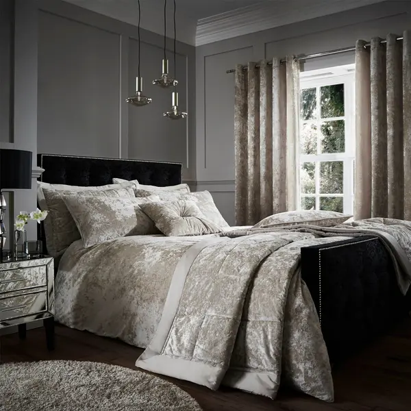 Image of Catherine Lansfield Natural Crushed Velvet Duvet Cover and Pillowcase Set Grey