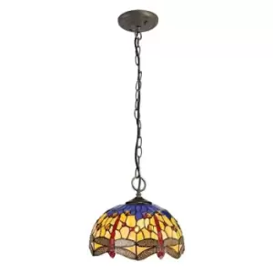 Image of 3 Light Downlighter Ceiling Pendant E27 With 30cm Tiffany Shade, Blue, Orange, Crystal, Aged Antique Brass - Luminosa Lighting