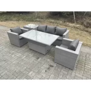 Image of Fimous 5 Seater Outdoor Rattan Dining Sofa Complete Set with Adjustable Table and Side Coffee Table