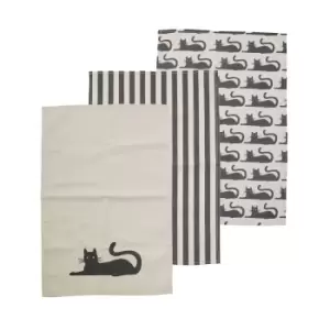 Image of Set of 3 Cotton Black Cat Tea Towels