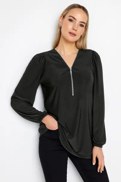 Image of Long Tall Sally Balloon Sleeve Zip Neck Top Black