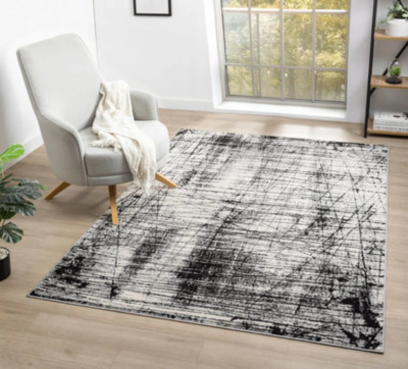 Image of Obsidian Modern Low Pile Area Rug - Oblique Abstract Design Grey 120Cm X 170Cm