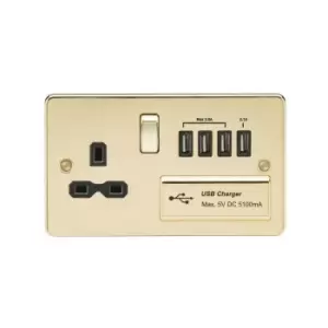 Image of Flat plate 13A switched socket with quad usb charger - polished brass with Black insert - Knightsbridge