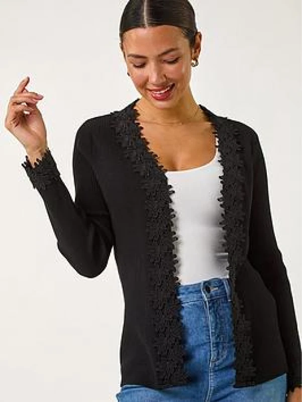 Image of Roman Lace Trim Knit Cardigan Black