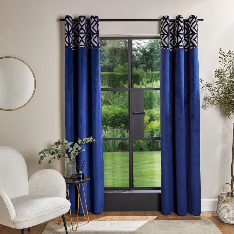 Image of Homelife Velvet Top Panel Curtains - Blue Blue One Size