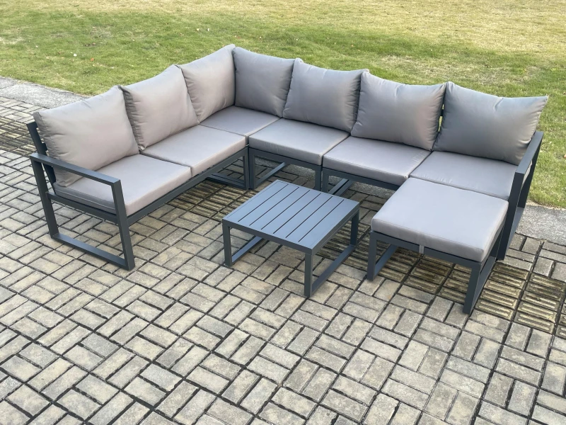 Image of Fimous 7 Seater Aluminium Garden Furniture Set Outdoor Lounge Corner Sofa Square Coffee Table Sets with Big Footstool Dark Grey Dark Grey Unisex