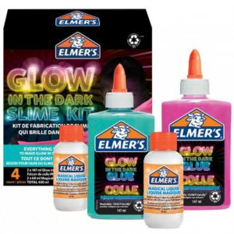 Image of Elmers Elmers Glow In The Dark Slime Kit Includes Glow In The Dark Glue (Blue and Pink) and Elmers Magical Liquid Slime Activator (X2) - 4 Piece Kit -