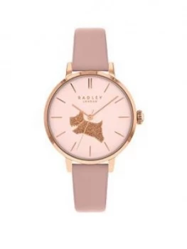 Image of Radley Champagne And Gold Glitter Dog Dial Taupe Leather Strap Ladies Watch