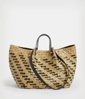 Image of AllSaints Womens Allington East West Straw Tote Bag, Natural/Black