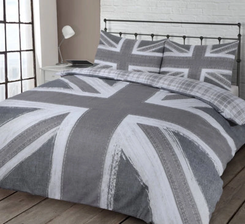 Image of Velosso Union Jack Design Duvet Cover & Pillowcase Set, British Flag, Easy Care Bedding With Button Enclosure, Modern Print - Grey