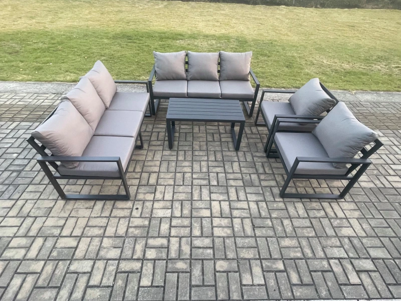 Image of Fimous Aluminium 5 Pieces Garden Furniture Set with Cushions 8 Seater Outdoor Patio Lounge Sofa Set with 2 Armchairs Dark Grey Dark Grey Unisex