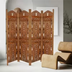 Image of Topfurnishing - 4 Panel Heavy Duty Carved Indian Screen Wooden Bells Design Screen Room Divider 183x50cm per panel, wide open 202cm [Light Brown]