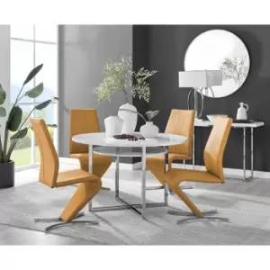 Image of Furniturebox Adley White High Gloss 120cm Storage Dining Table & 4 Mustard Willow Silver Feet Faux Leather Chairs
