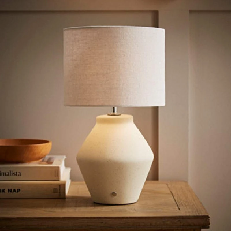 Image of ValueLights ValueLights Finn Cream Ceramic Rechargeable Table Lamp with Linen Drum Shade Cream One Size Unisex 5016529272823
