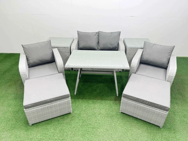 Image of Fimous PE Wicker Rattan Garden Furniture Set Reclining Chair 2 Side Tables in Light Grey Light Grey Unisex
