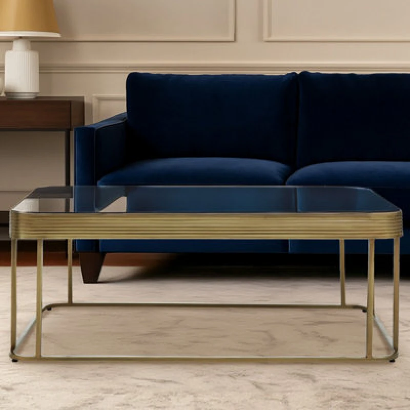 Image of Orsina Mirrored Glass Top Coffee Table, Gold Finish Stainless Steel Frame With Decorative Textured Border