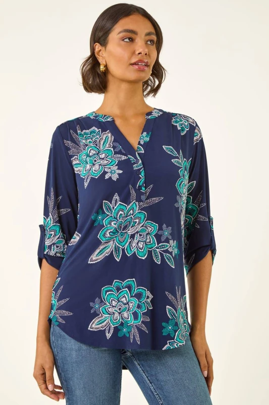 Image of Roman Womens Floral Puff Print Stretch Shirt in Dark Navy Size: 20 Dark Navy Female 20