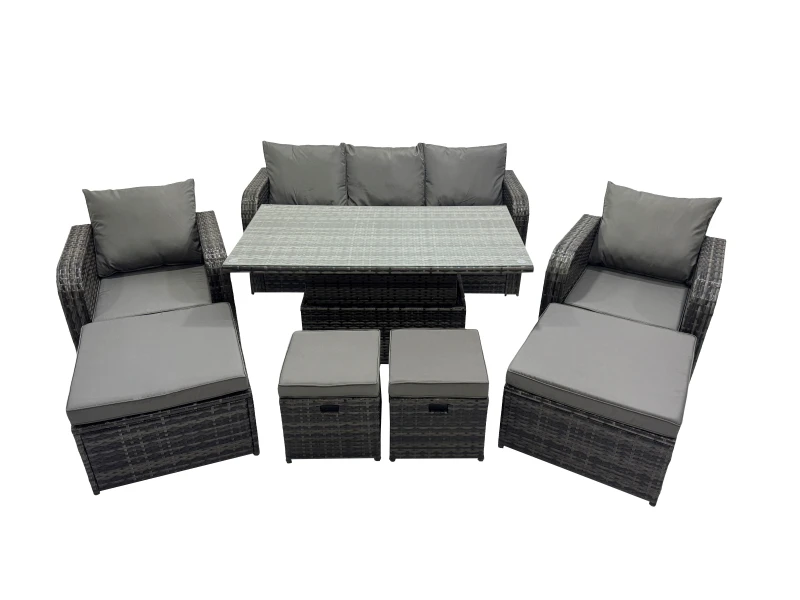 Image of Fimous Rattan Garden Furniture Dining Set 8-seater with 4 Footstools in Dark Grey Dark Grey Unisex