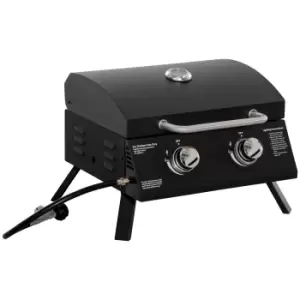 Image of Outsunny 2 Burner Gas Barbecue Grill Garden Portable Tabletop BBQ w/ Folding Legs, Lid, Thermometer, Carbon Steel Body, Black