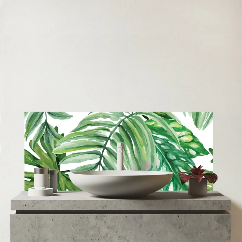 Image of Warren Reed - Designer Exotic Rainforest Leaves Glass Bathroom Splashback in Green Green Unisex