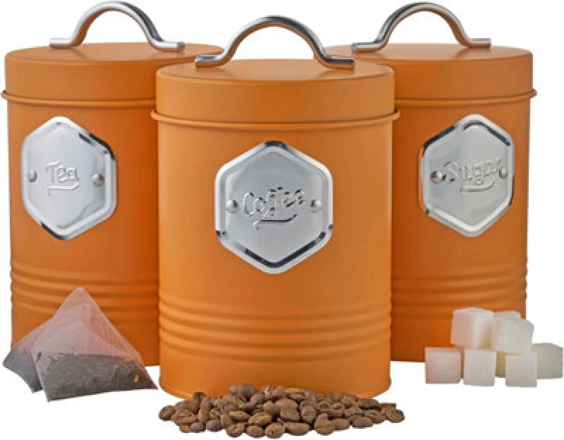 Image of Cooks Professional 3 Piece Tea Coffee Sugar Cannister Set - Labelled Kitchen Storage Tins With Airtight Lids - Orange & Silver