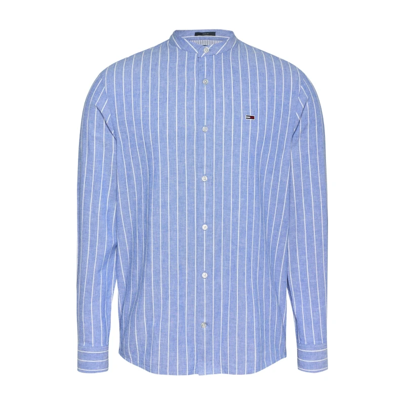 Image of Tommy Jeans Mens TJ Linen Long-Sleeve Patterned Shirt Tempo Blue/Ecru male M