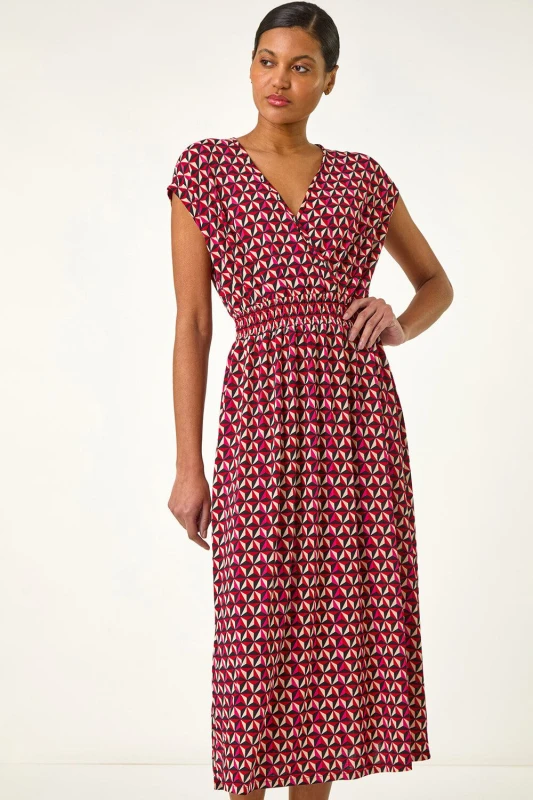 Image of Roman Womens Geo Print V-Neck Stretch Midi Dress in Red Size: 18 Red Female 18