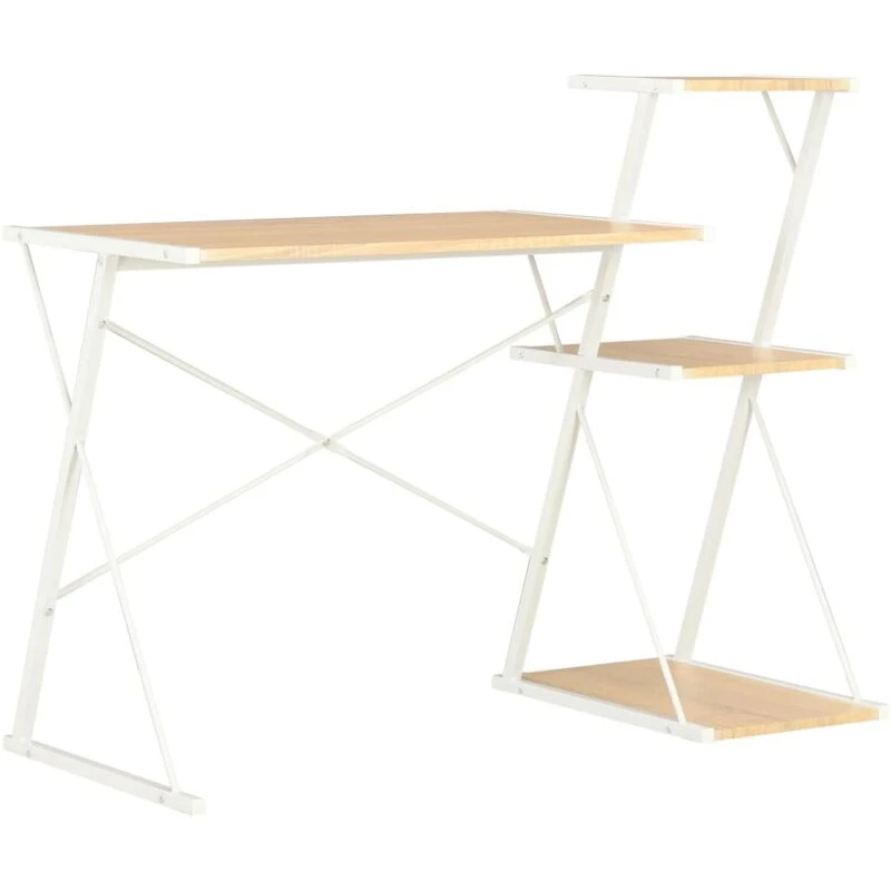 Image of vidaXL Computer Desk with 3 Tier Bookcase X-Shape Legs White and Oak PC Desk