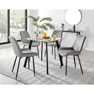 Image of Furniturebox Seattle Glass and Black Metal Leg Square Dining Modern Industrial Dining Table & 4 Grey Pesaro Black Leg Velvet Chairs